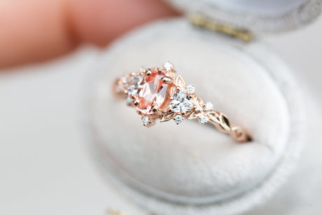 Briar rose three stone with oval lab peach sapphire (fairy queen ring)