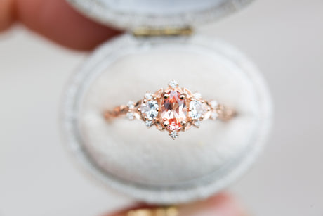 Briar rose three stone with oval lab peach sapphire (fairy queen ring)