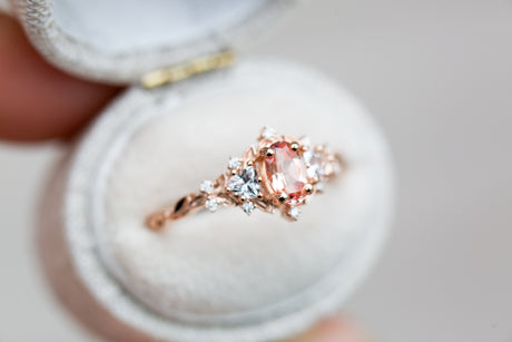 Briar rose three stone with oval lab peach sapphire (fairy queen ring)