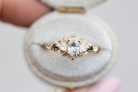Briar rose five stone with moissanite and black diamonds