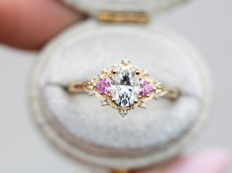 Woodland three stone with moissanite and pink sapphire