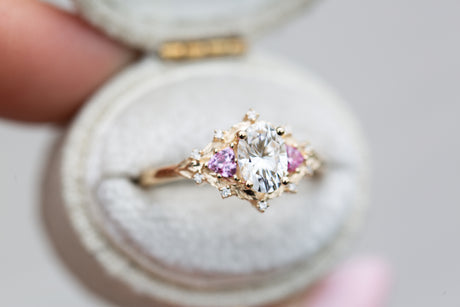 Woodland three stone with moissanite and pink sapphire