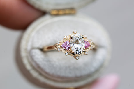 Woodland three stone with moissanite and pink sapphire