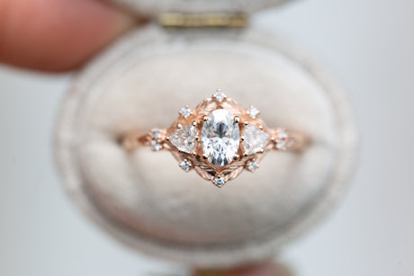Woodland three stone with 6x4mm oval moissanite