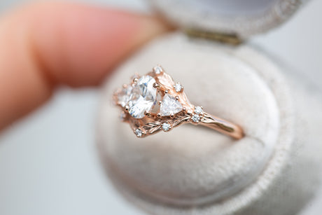 Woodland three stone with 6x4mm oval moissanite