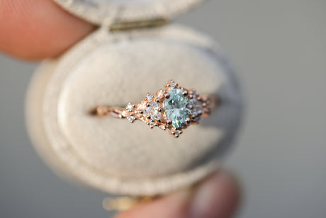 Briar rose three stone with 6x4mm oval teal moissanite
