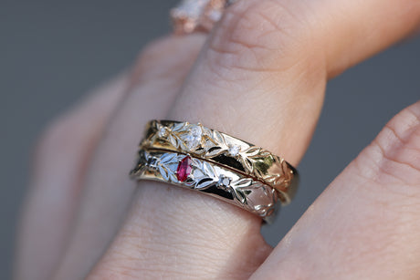 Wide unisex briar band with marquise lab ruby and black diamonds