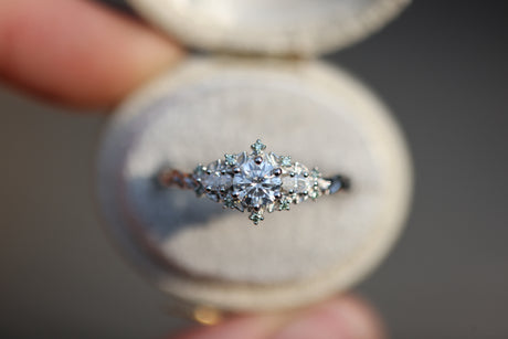 Briar Rose Three Stone with Round Moissanite and Mint Diamonds