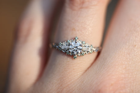 Briar Rose Three Stone with Round Moissanite and Mint Diamonds