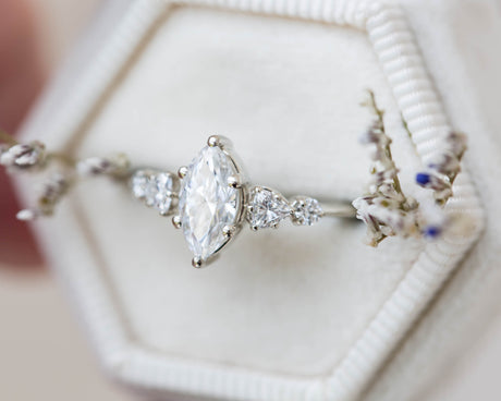 Five stone ring with marquise moissanite