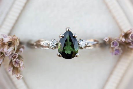 Pear dark green tourmaline leaf three stone ring