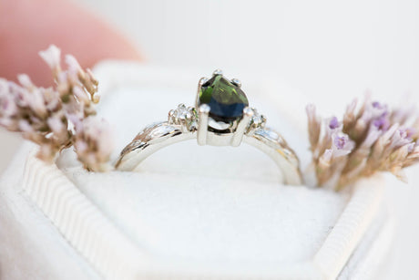 Pear dark green tourmaline leaf three stone ring