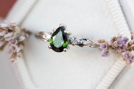 Pear dark green tourmaline leaf three stone ring
