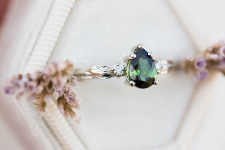 Pear dark green tourmaline leaf three stone ring